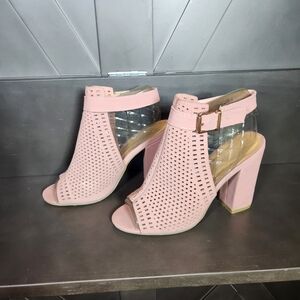 Bamboo Pink Perforated Peep Toe Block Heel Sandals Womens 8